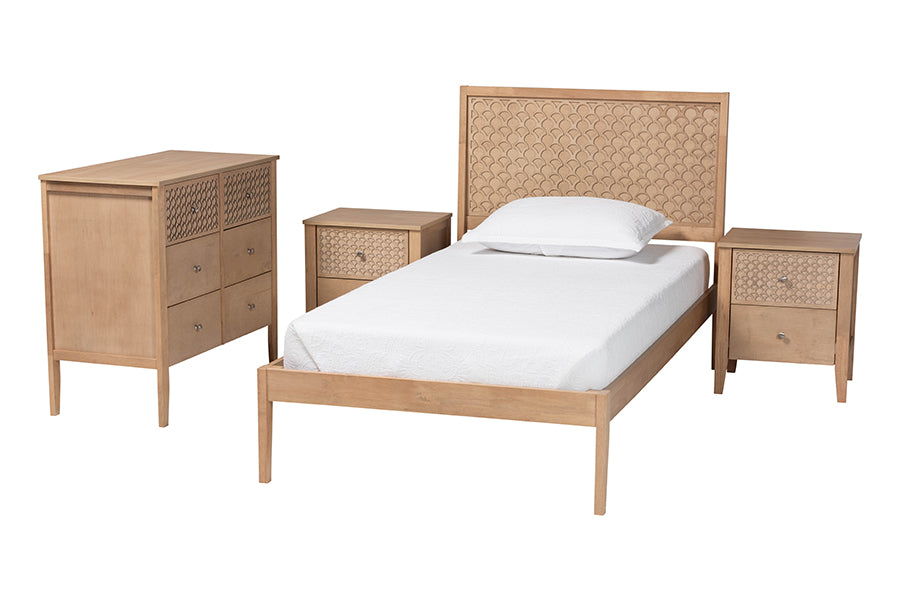 Baxton Studio Lara Twin 4-Piece Bedroom Set - Modern Wood Bed Frame with Matching Nightstands and Dresser, Decorative Laser-Cut Overlay, oak Brown