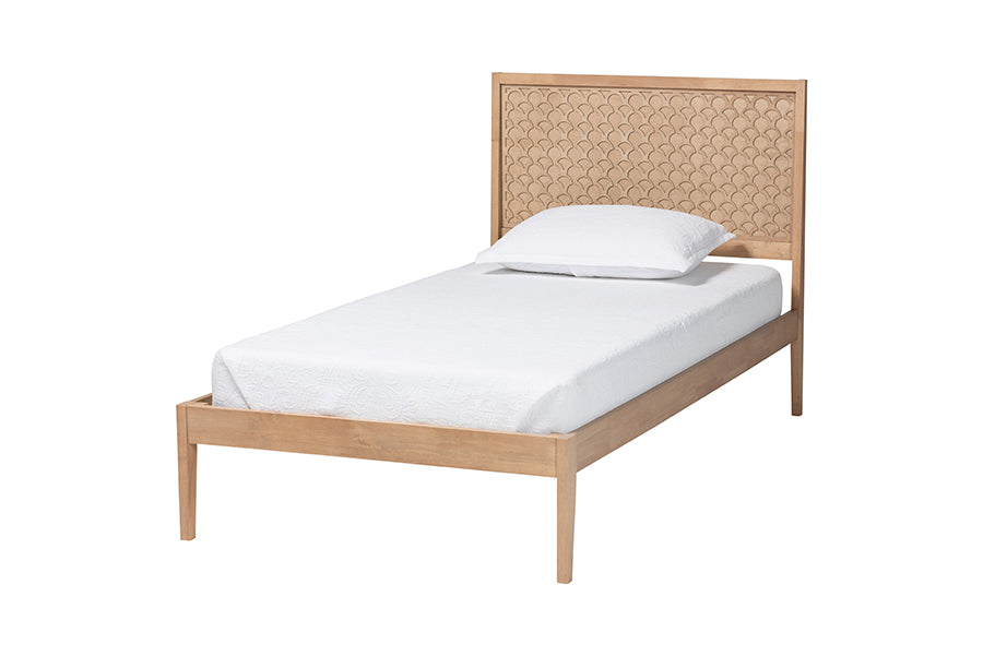 Baxton Studio Lara Twin 4-Piece Bedroom Set - Modern Wood Bed Frame with Matching Nightstands and Dresser, Decorative Laser-Cut Overlay, oak Brown