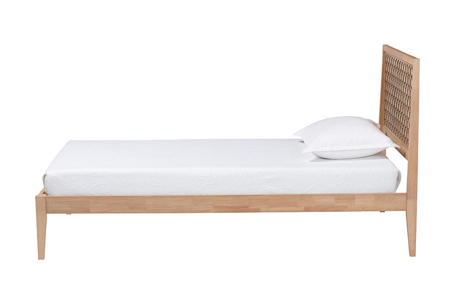 Baxton Studio Lara Twin Platform Bed - Modern Wood Bed Frame with Laser-Cut Decorative Headboard Overlay, Oak Brown