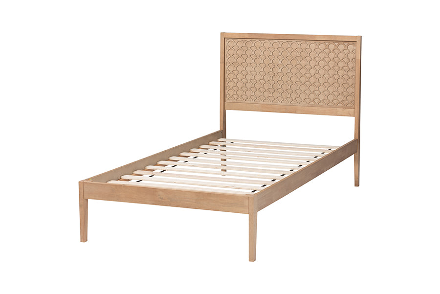 Baxton Studio Lara Twin Platform Bed - Modern Wood Bed Frame with Laser-Cut Decorative Headboard Overlay, Oak Brown