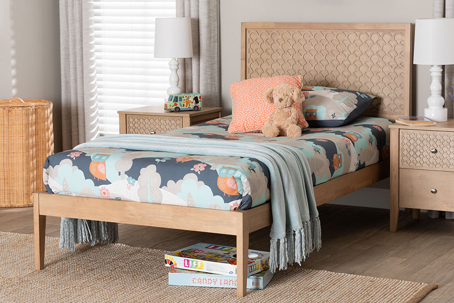 Baxton Studio Lara Twin Platform Bed - Modern Wood Bed Frame with Laser-Cut Decorative Headboard Overlay, Oak Brown