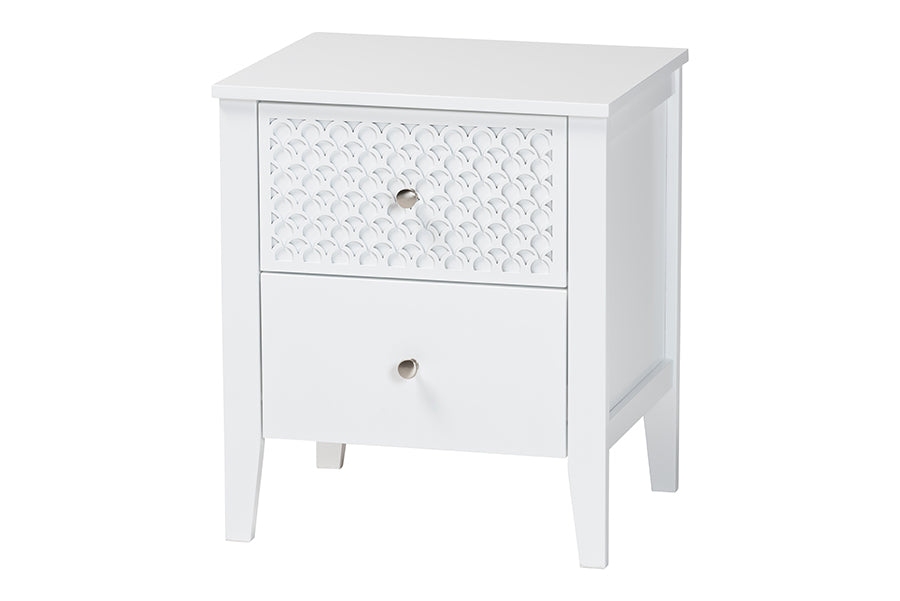 Baxton Studio Lara Nightstand - 2-Drawer Bedside Table with Laser-Cut Geometric Overlay for Bedroom or Guest Room, White