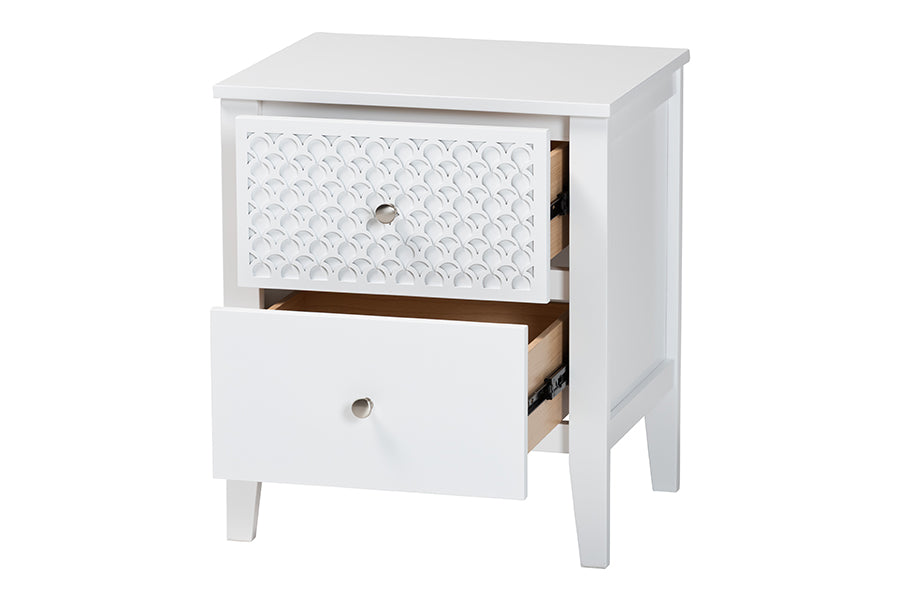 Baxton Studio Lara Nightstand - 2-Drawer Bedside Table with Laser-Cut Geometric Overlay for Bedroom or Guest Room, White