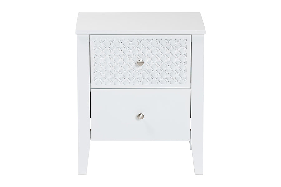 Baxton Studio Lara Nightstand - 2-Drawer Bedside Table with Laser-Cut Geometric Overlay for Bedroom or Guest Room, White