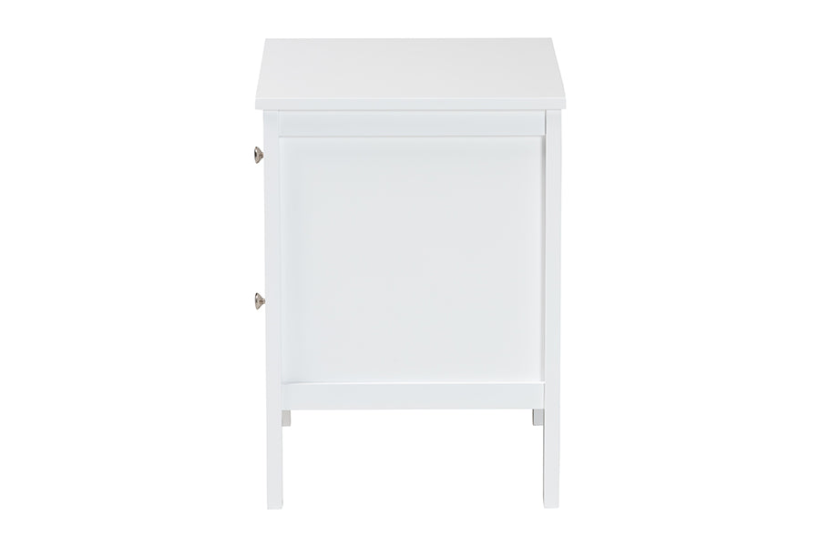 Baxton Studio Lara Nightstand - 2-Drawer Bedside Table with Laser-Cut Geometric Overlay for Bedroom or Guest Room, White