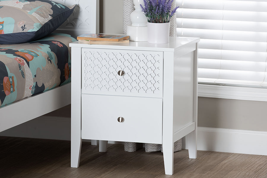 Baxton Studio Lara Nightstand - 2-Drawer Bedside Table with Laser-Cut Geometric Overlay for Bedroom or Guest Room, White