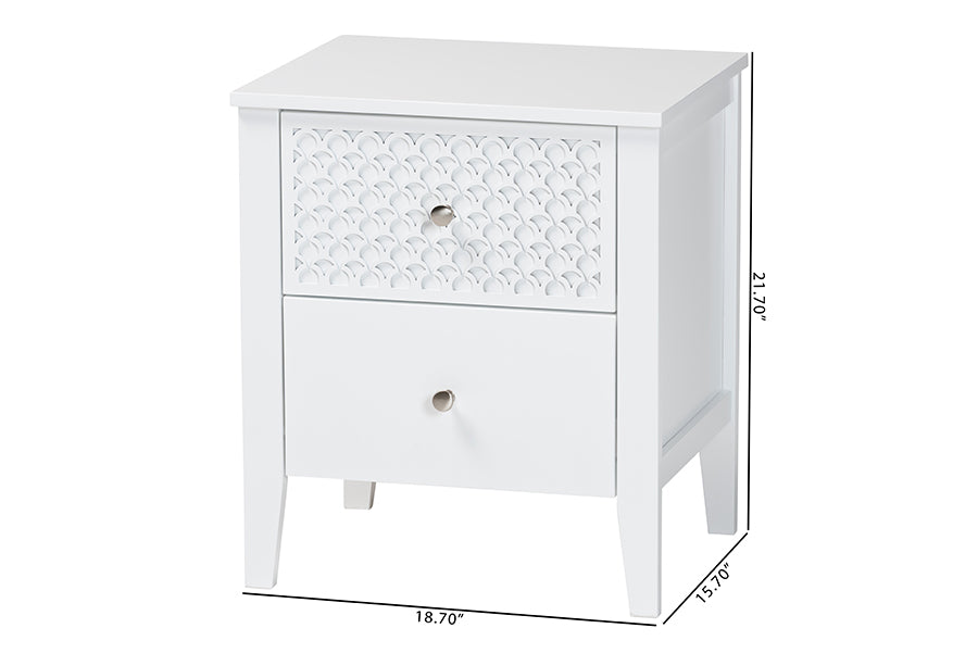 Baxton Studio Lara Nightstand - 2-Drawer Bedside Table with Laser-Cut Geometric Overlay for Bedroom or Guest Room, White