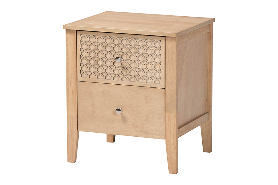 Baxton Studio Lara Nightstand - 2-Drawer Bedside Table with Laser-Cut Geometric Overlay for Bedroom or Guest Room, Oak Brown