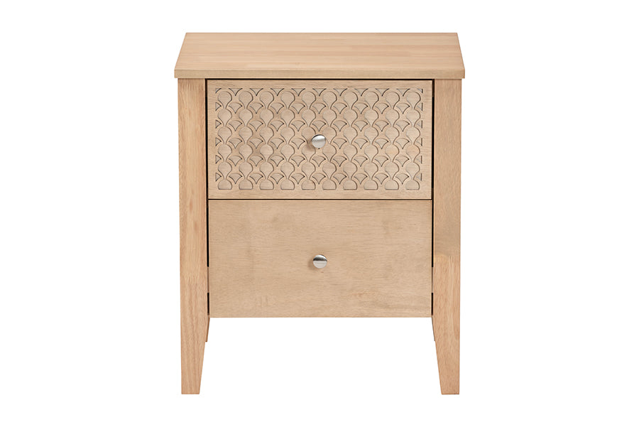 Baxton Studio Lara Nightstand - 2-Drawer Bedside Table with Laser-Cut Geometric Overlay for Bedroom or Guest Room, Oak Brown