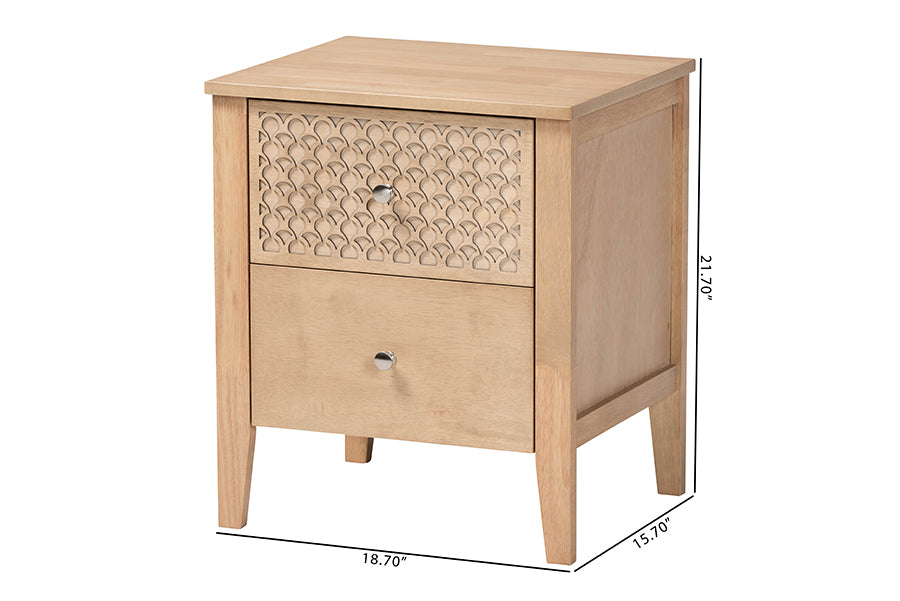 Baxton Studio Lara Nightstand - 2-Drawer Bedside Table with Laser-Cut Geometric Overlay for Bedroom or Guest Room, Oak Brown