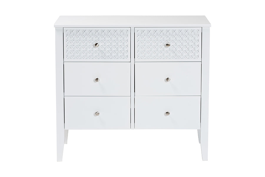 Baxton Studio Lara Dresser - 6-Drawer Bedroom Storage Chest with Laser-Cut Geometric Overlay for Clothing and Organization, White
