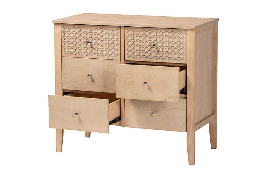 Baxton Studio Lara Dresser - 6-Drawer Bedroom Storage Chest with Laser-Cut Geometric Overlay for Clothing and Organization, Oak Brown