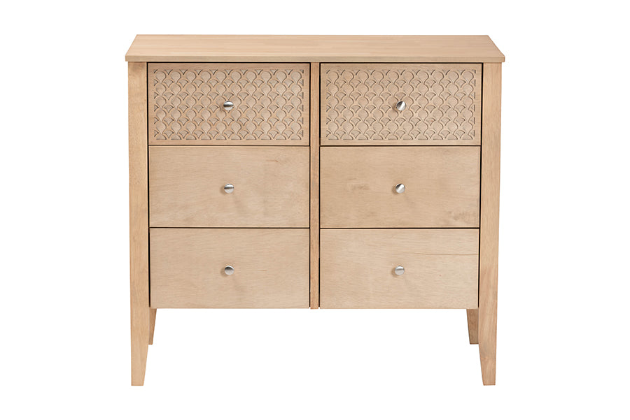 Baxton Studio Lara Dresser - 6-Drawer Bedroom Storage Chest with Laser-Cut Geometric Overlay for Clothing and Organization, Oak Brown