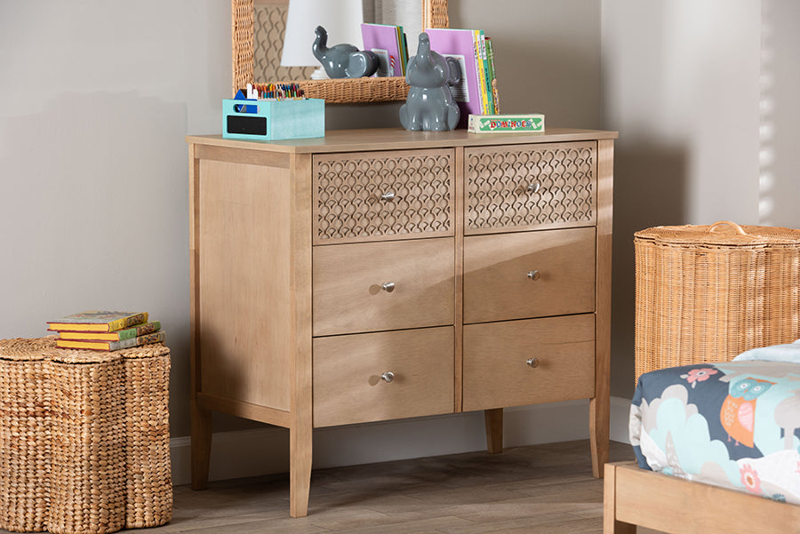 Baxton Studio Lara Dresser - 6-Drawer Bedroom Storage Chest with Laser-Cut Geometric Overlay for Clothing and Organization, Oak Brown