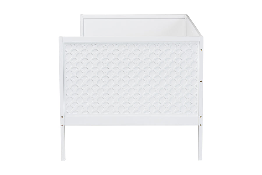Baxton Studio Lara Twin Daybed - Modern Wood Bed Frame with Wraparound Laser-Cut Decorative Headboard Overlay, White
