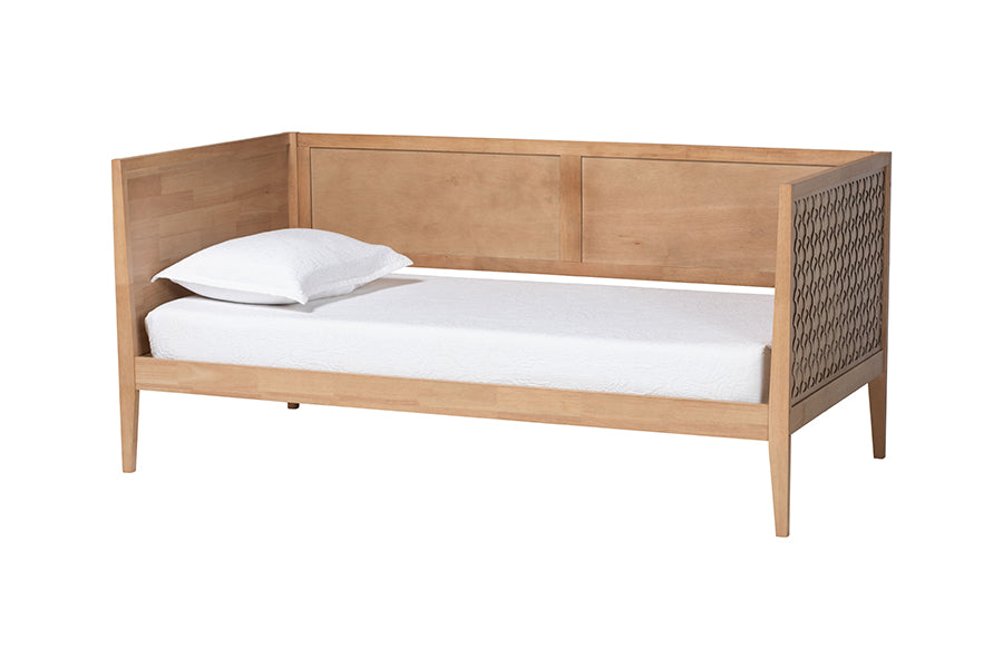 Baxton Studio Lara Twin Daybed - Modern Wood Bed Frame with Wraparound Laser-Cut Decorative Headboard Overlay, Oak Brown
