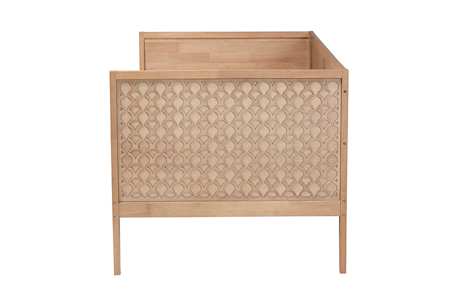 Baxton Studio Lara Twin Daybed - Modern Wood Bed Frame with Wraparound Laser-Cut Decorative Headboard Overlay, Oak Brown