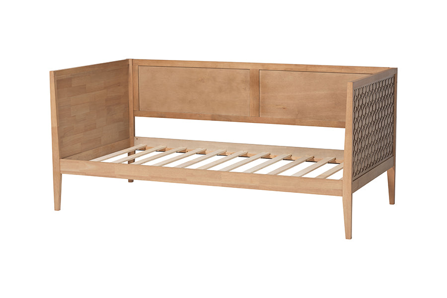 Baxton Studio Lara Twin Daybed - Modern Wood Bed Frame with Wraparound Laser-Cut Decorative Headboard Overlay, Oak Brown