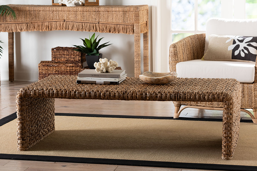 bali & pari Alda Handwoven Seagrass Coffee Table - Rustic Wicker Waterfall Accent Table for Living Room or Sunroom