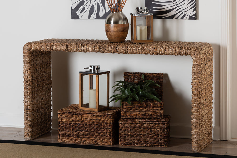 bali & pari Alda Handwoven Seagrass Console Table - Rustic Wicker Waterfall Accent Table for Living Room, Hallway, or Entryway