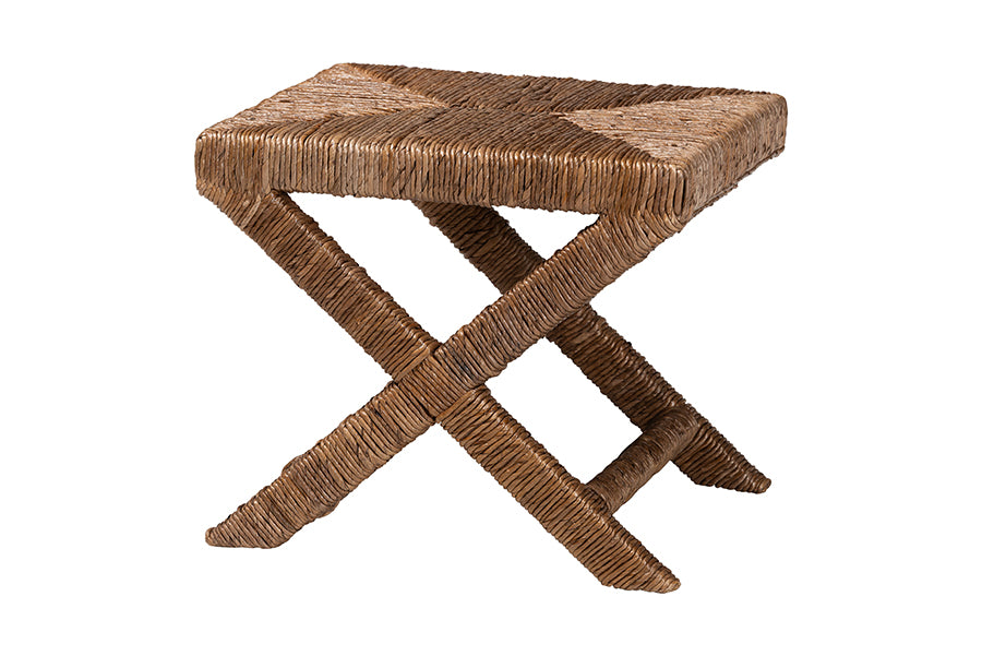 bali & pari Alda Woven Seagrass Ottoman - Handwoven Wicker Accent Stool with X Base, Boho Coastal Seating