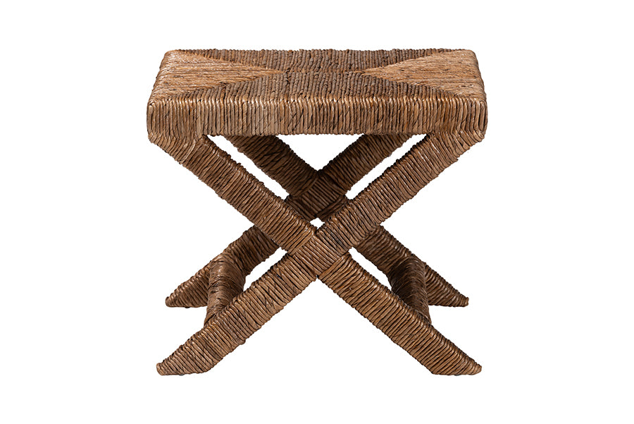 bali & pari Alda Woven Seagrass Ottoman - Handwoven Wicker Accent Stool with X Base, Boho Coastal Seating