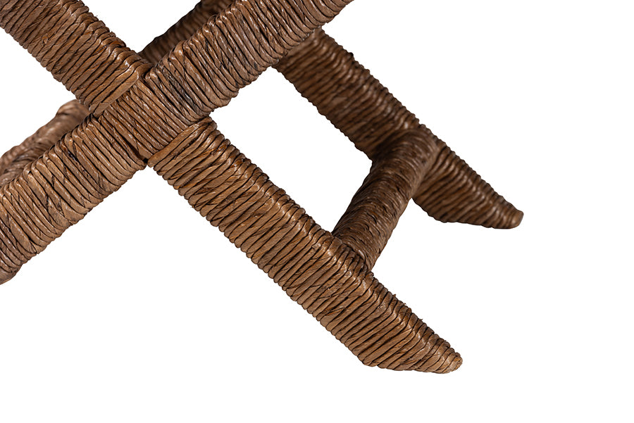 bali & pari Alda Woven Seagrass Ottoman - Handwoven Wicker Accent Stool with X Base, Boho Coastal Seating