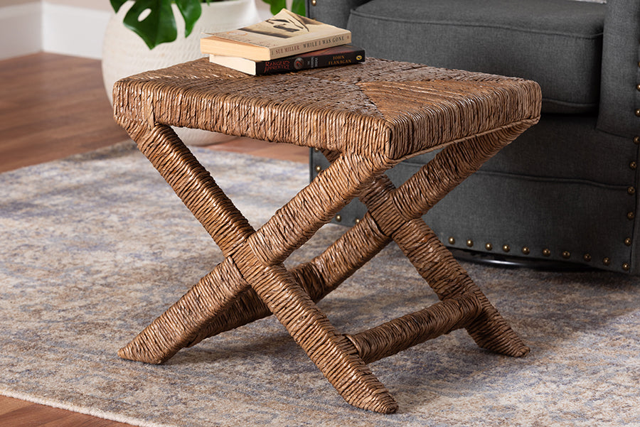 bali & pari Alda Woven Seagrass Ottoman - Handwoven Wicker Accent Stool with X Base, Boho Coastal Seating