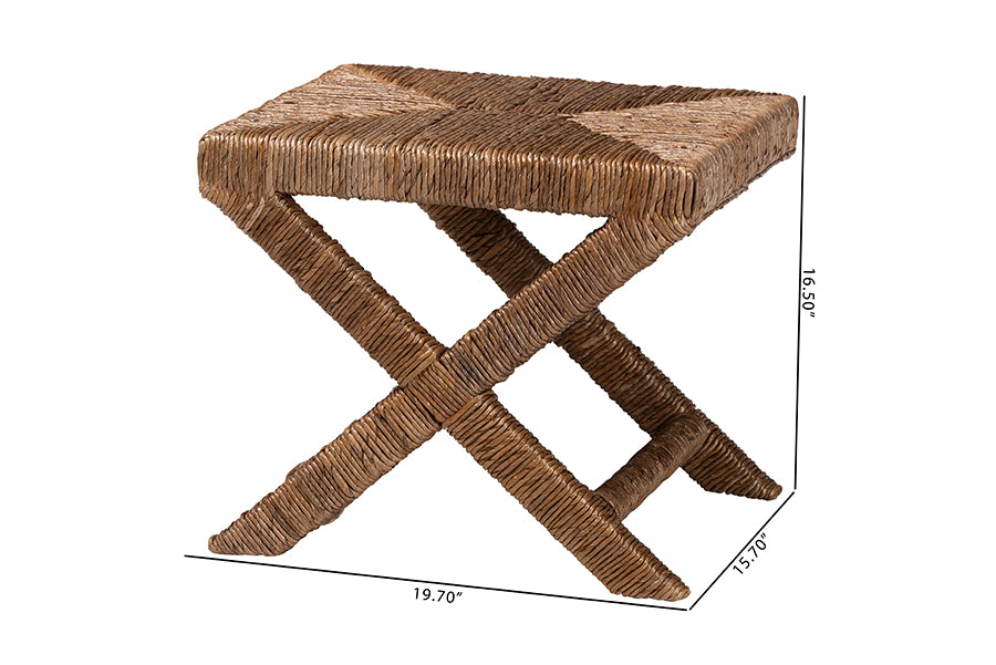 bali & pari Alda Woven Seagrass Ottoman - Handwoven Wicker Accent Stool with X Base, Boho Coastal Seating