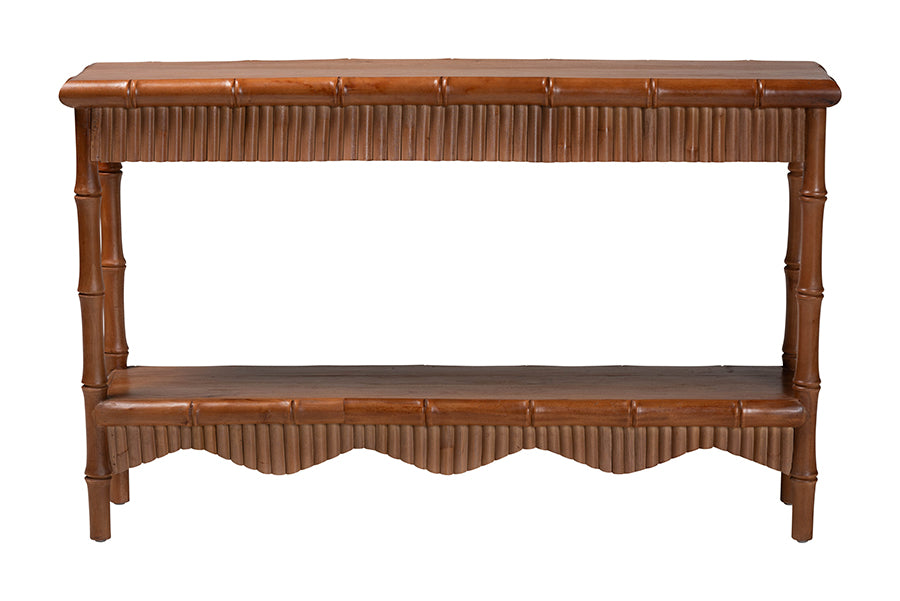 bali & pari Alessa Mahogany Wood Console Table - Fluted Wood Accent Table with Bamboo Motif and Two-Tier Display for Living Room, Entryway, or Hallway, 54 in.