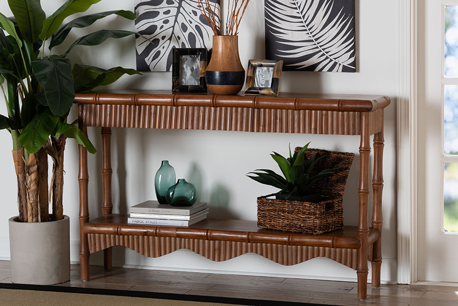 bali & pari Alessa Mahogany Wood Console Table - Fluted Wood Accent Table with Bamboo Motif and Two-Tier Display for Living Room, Entryway, or Hallway, 54 in.