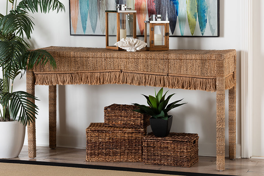 bali & pari Fiona Handwoven Seagrass Console Table - Coastal Boho Accent Table with Fringe Detailing for Living Room, Entryway, or Hallway