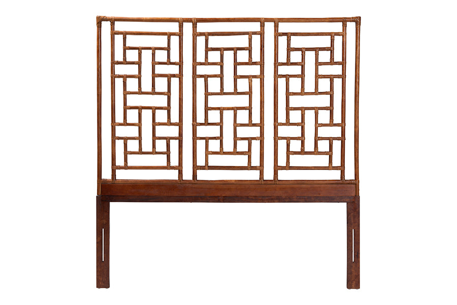 bali & pari Jamuna Marbled Tortoise Natural Rattan Headboard - Handcrafted Coastal Boho Style Bedroom Backdrop, Queen