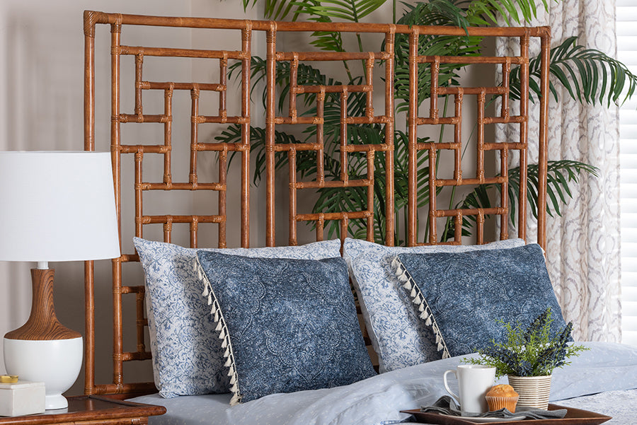 bali & pari Jamuna Marbled Tortoise Natural Rattan Headboard - Handcrafted Coastal Boho Style Bedroom Backdrop, King