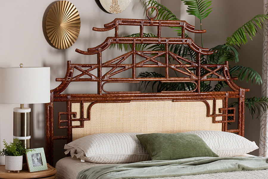 bali & pari Tamiko Marbled Tortoise Rattan Freestanding Headboard - Pagoda Inspired Standalone Headboard with Handwoven Panel, King