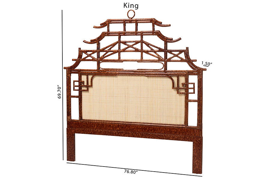 bali & pari Tamiko Marbled Tortoise Rattan Freestanding Headboard - Pagoda Inspired Standalone Headboard with Handwoven Panel, Queen