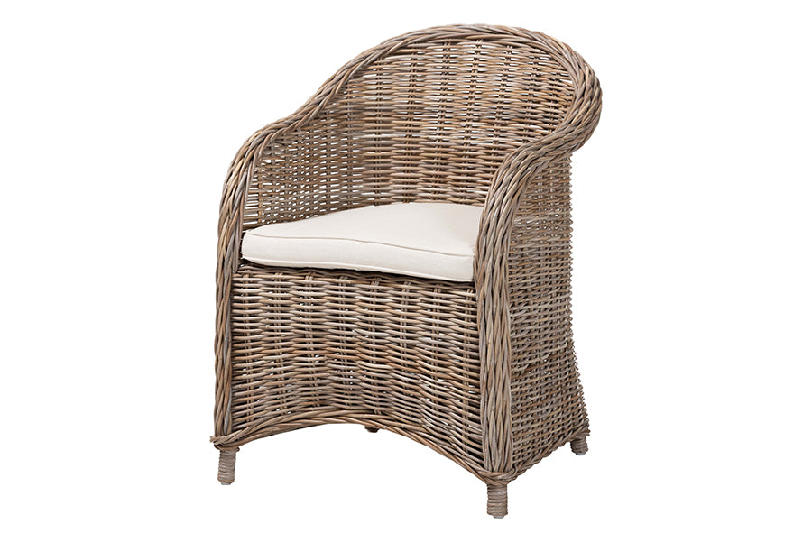 bali & pari Amanda Natural Rattan Armchair - Handwoven Wicker Barrel Chair with Removable Cushion, Coastal Boho Style Accent Seating