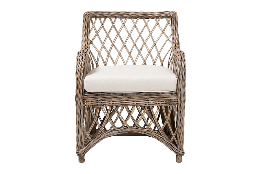 bali & pari Debra Natural Rattan Armchair - Handwoven Open-Weave Wicker Armchair with Curved Silhouette & Removable Cushion, Coastal Boho Style Seating