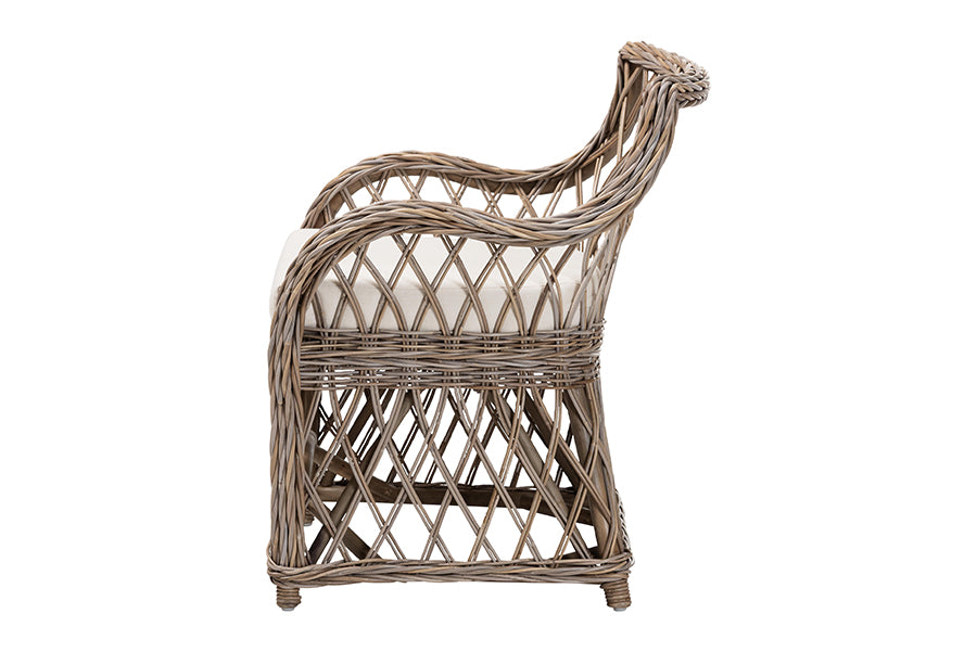 bali & pari Debra Natural Rattan Armchair - Handwoven Open-Weave Wicker Armchair with Curved Silhouette & Removable Cushion, Coastal Boho Style Seating