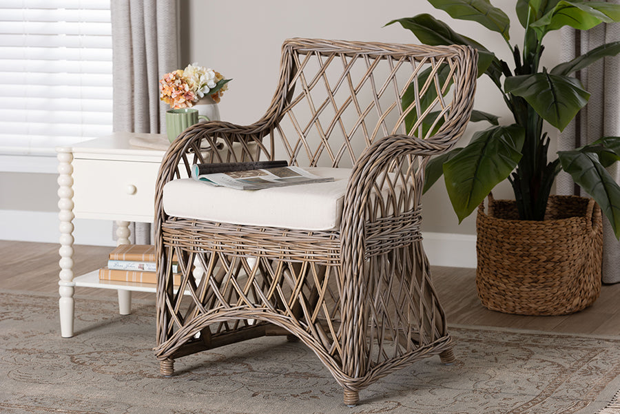 bali & pari Debra Natural Rattan Armchair - Handwoven Open-Weave Wicker Armchair with Curved Silhouette & Removable Cushion, Coastal Boho Style Seating