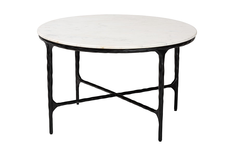 Baxton Studio Akanji Marble Coffee Table - Modern Rustic Accent Table with Hand-Forged Metal Frame for Living Room or Seating Areas, Round