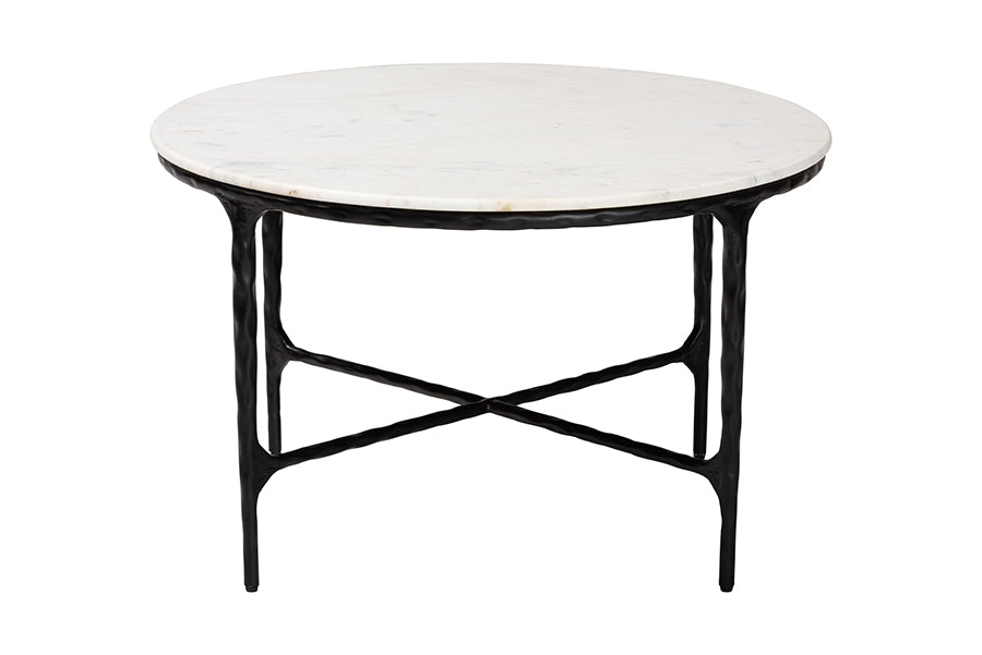 Baxton Studio Akanji Marble Coffee Table - Modern Rustic Accent Table with Hand-Forged Metal Frame for Living Room or Seating Areas, Round