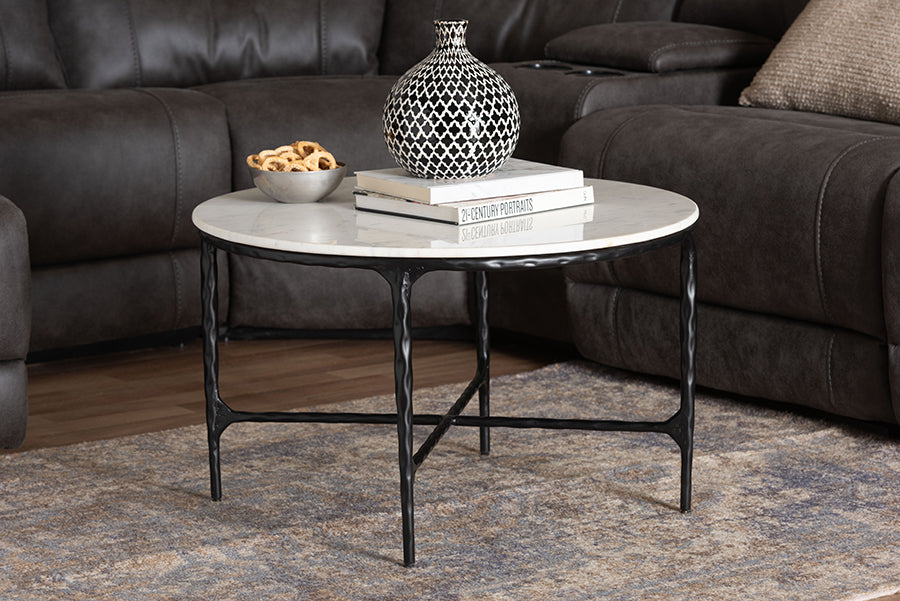 Baxton Studio Akanji Marble Coffee Table - Modern Rustic Accent Table with Hand-Forged Metal Frame for Living Room or Seating Areas, Round