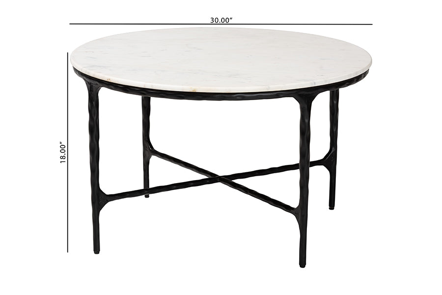 Baxton Studio Akanji Marble Coffee Table - Modern Rustic Accent Table with Hand-Forged Metal Frame for Living Room or Seating Areas, Round