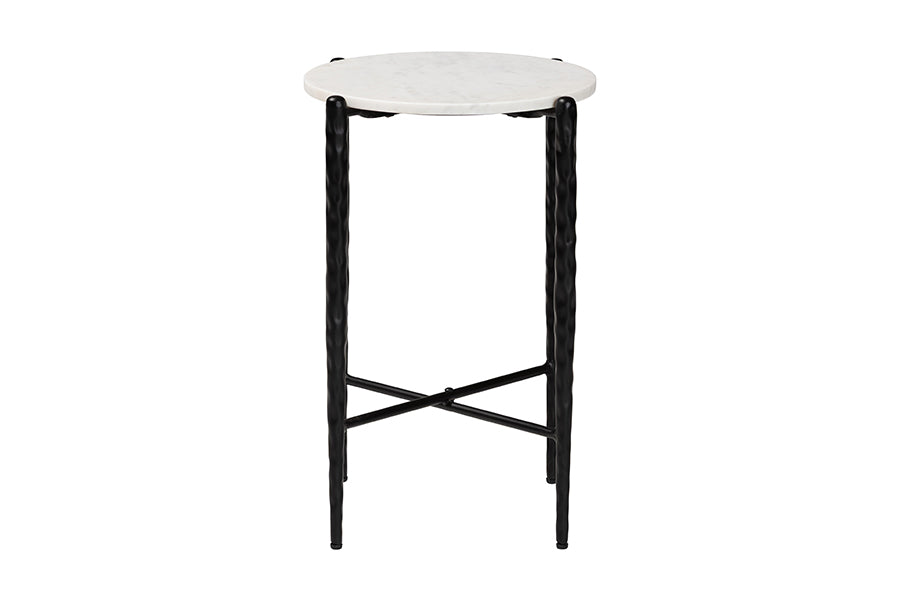Baxton Studio Caledon Marble Side Table - Modern Rustic Accent Table with Hand-Forged Metal Frame for Living Room or Seating Areas, Round
