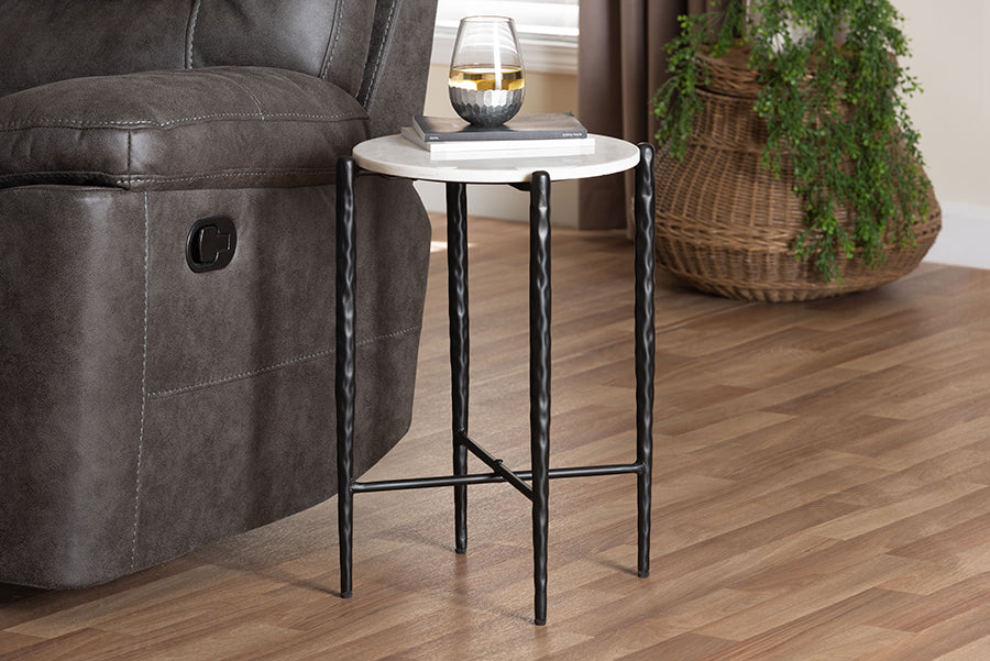 Baxton Studio Caledon Marble Side Table - Modern Rustic Accent Table with Hand-Forged Metal Frame for Living Room or Seating Areas, Round