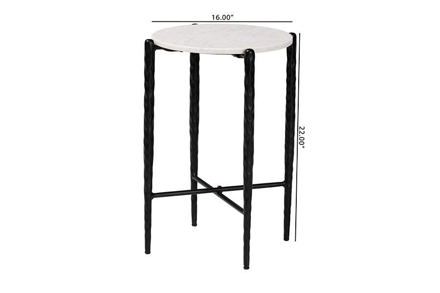 Baxton Studio Caledon Marble Side Table - Modern Rustic Accent Table with Hand-Forged Metal Frame for Living Room or Seating Areas, Round