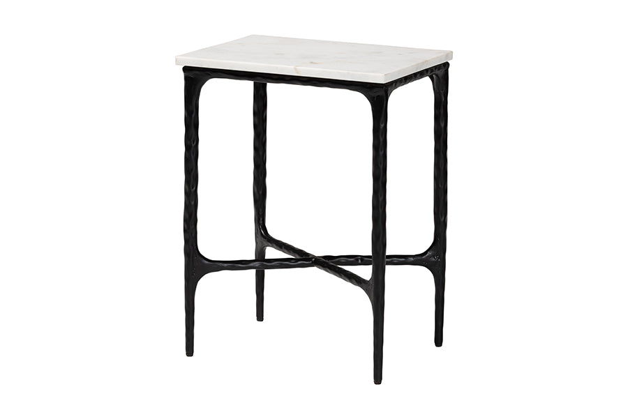 Baxton Studio Akanji Marble End Table - Modern Rustic Accent Table with Hand-Forged Metal Frame for Living Room or Seating Areas, Rectangle