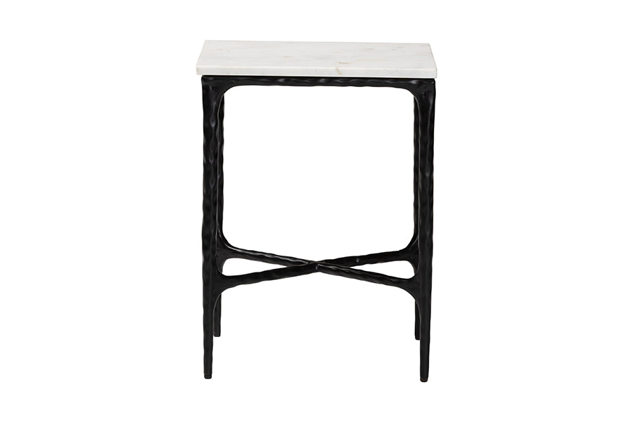 Baxton Studio Akanji Marble End Table - Modern Rustic Accent Table with Hand-Forged Metal Frame for Living Room or Seating Areas, Rectangle