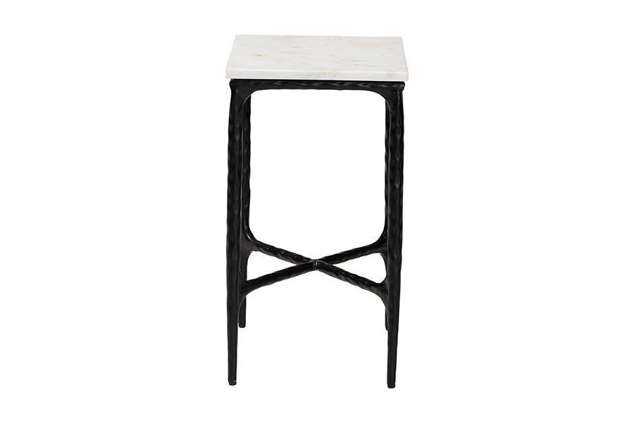 Baxton Studio Akanji Marble End Table - Modern Rustic Accent Table with Hand-Forged Metal Frame for Living Room or Seating Areas, Rectangle